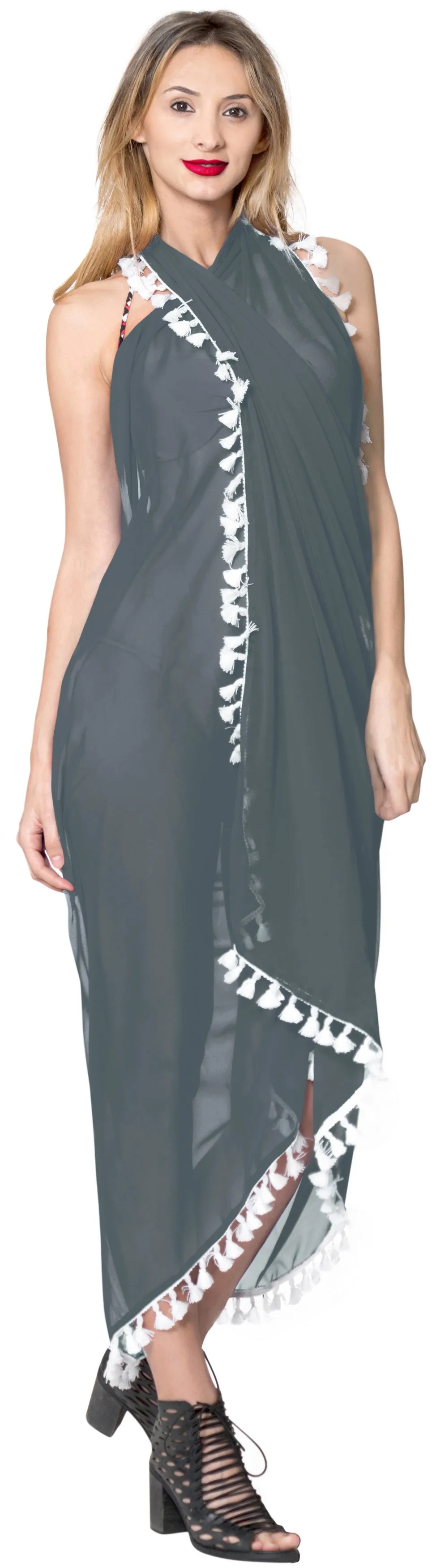 La Leela Sheer Chiffon Hawaiian Beach Dress Wrap Sarong Solid 78"X39" Grey_7148