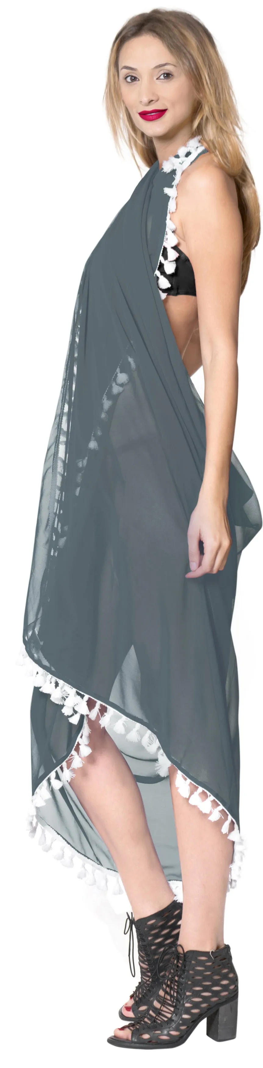 La Leela Sheer Chiffon Hawaiian Beach Dress Wrap Sarong Solid 78"X39" Grey_7148