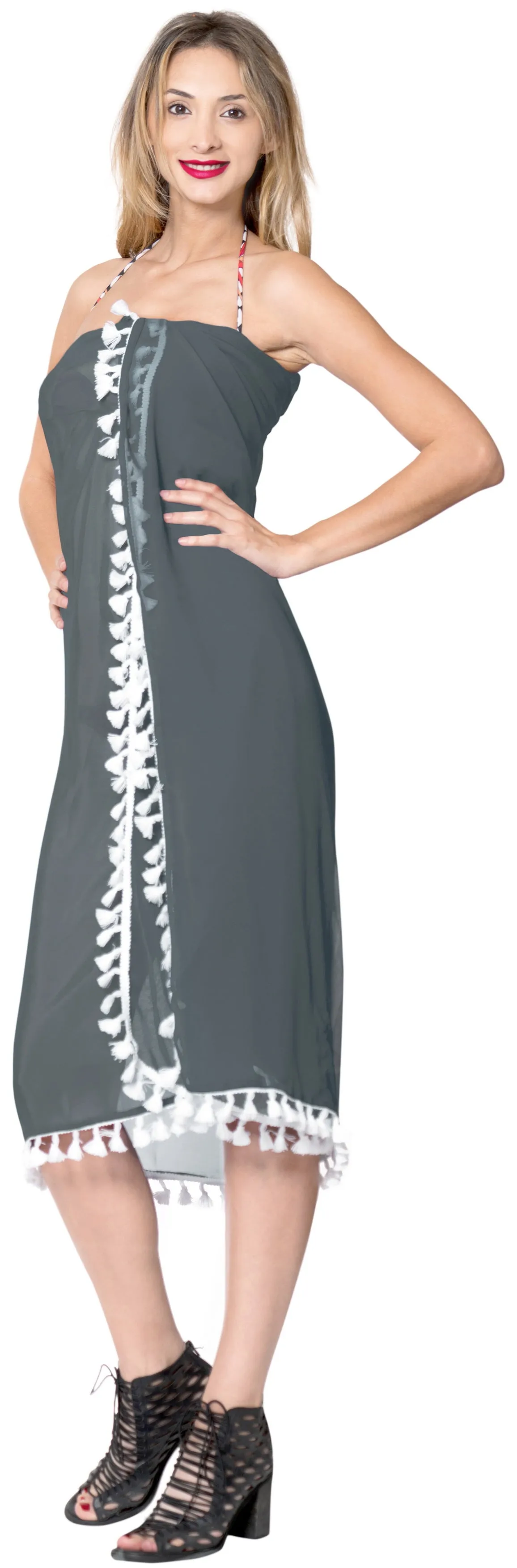 La Leela Sheer Chiffon Hawaiian Beach Dress Wrap Sarong Solid 78"X39" Grey_7148