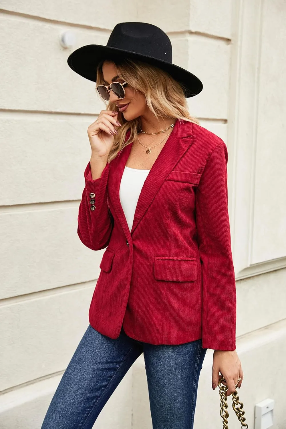 Ladyful Women's Slim Fit Corduroy Blazer Jacket Button Down Long Sleeve Work Office Coat Outerwear