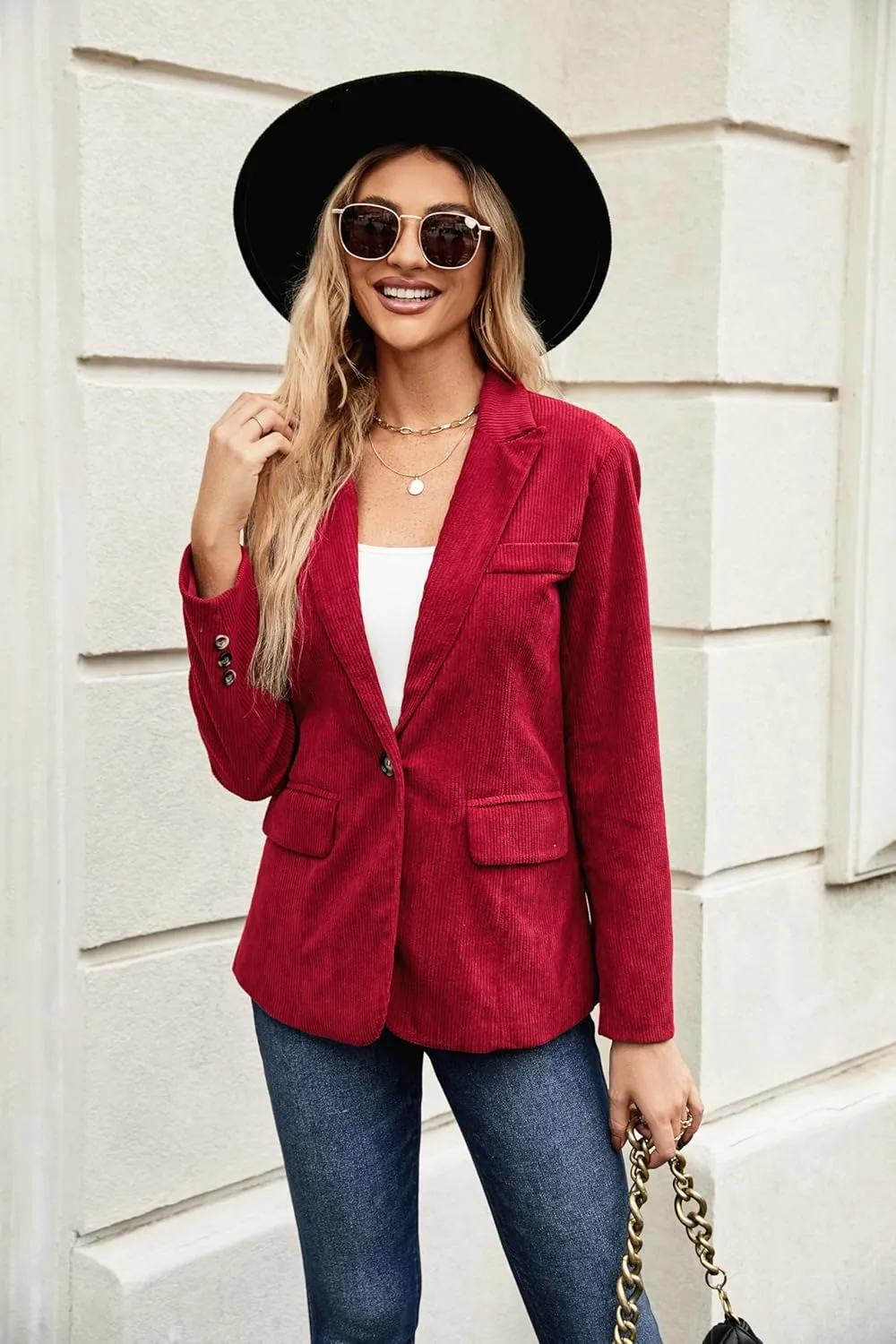 Ladyful Women's Slim Fit Corduroy Blazer Jacket Button Down Long Sleeve Work Office Coat Outerwear