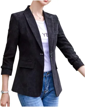 Ladyful Women's Slim Fit Corduroy Blazer Jacket Button Down Long Sleeve Work Office Coat Outerwear