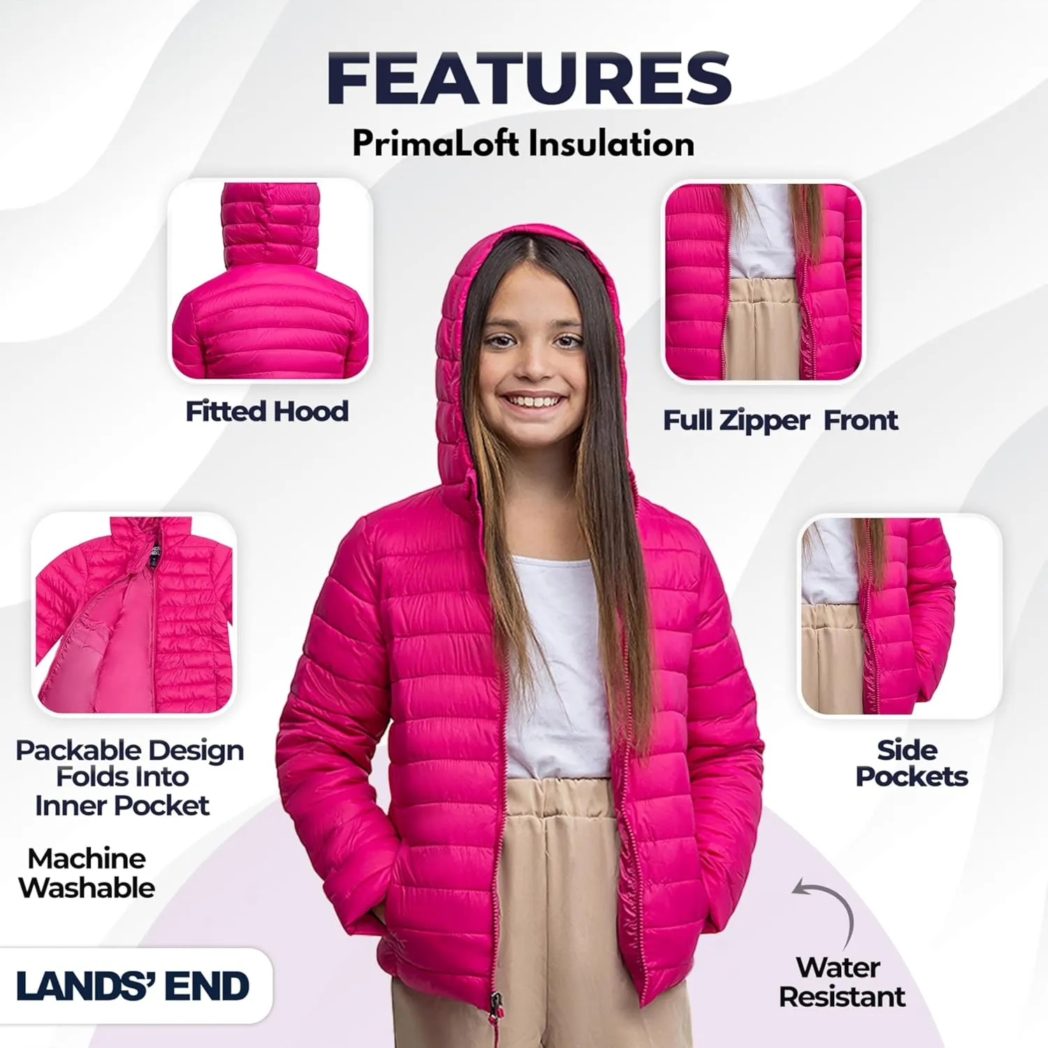 Lands' End Kids Full Zip Lightweight Thermoplume Hooded Jacket (S-XL)