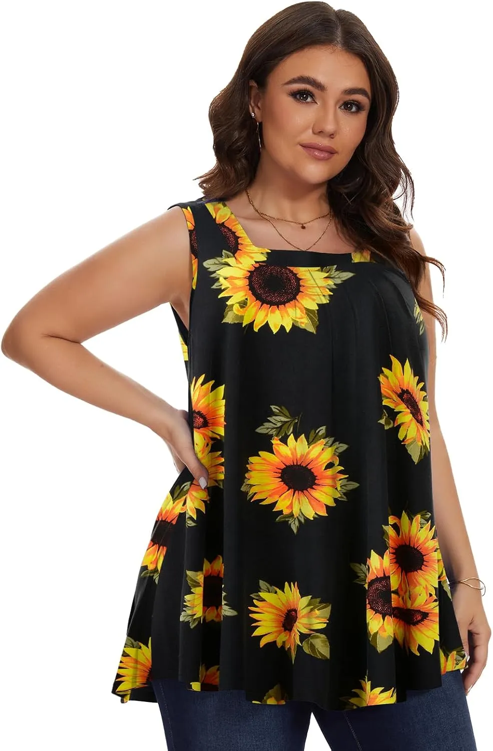 LARACE Plus Size Tops for Women Summer Square Neck Sleeveless Tunic Pleated Loose Casual Tank Tops