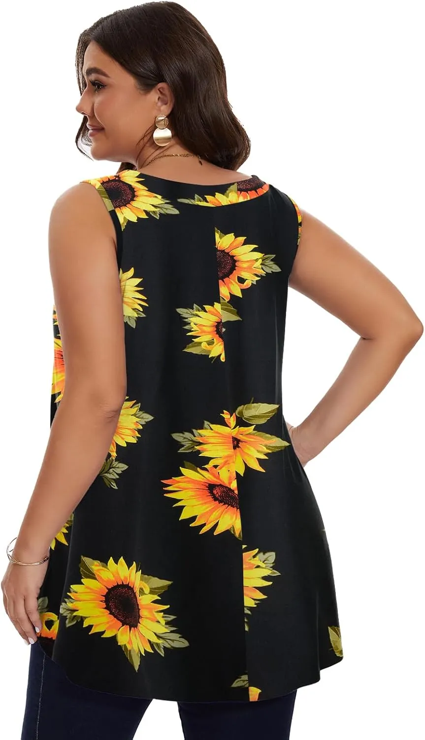 LARACE Plus Size Tops for Women Summer Square Neck Sleeveless Tunic Pleated Loose Casual Tank Tops