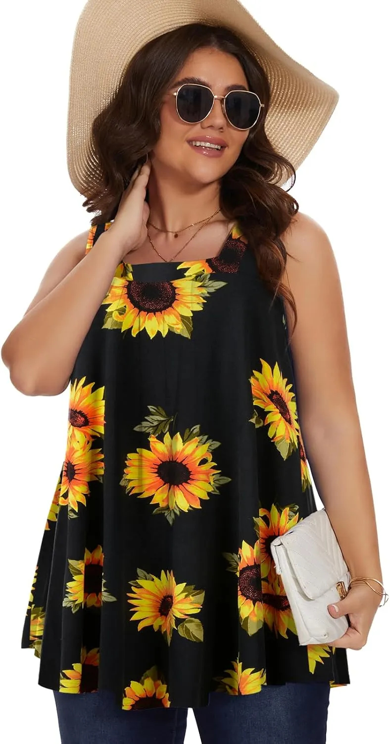 LARACE Plus Size Tops for Women Summer Square Neck Sleeveless Tunic Pleated Loose Casual Tank Tops