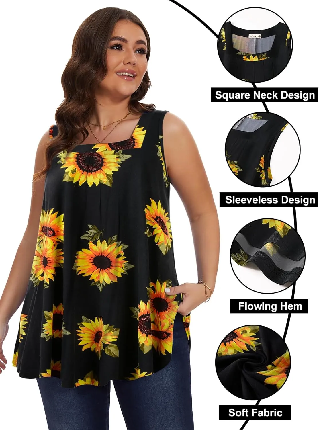 LARACE Plus Size Tops for Women Summer Square Neck Sleeveless Tunic Pleated Loose Casual Tank Tops