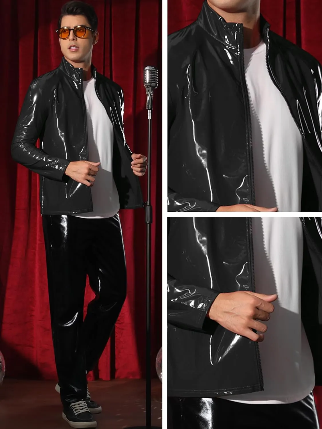 Lars Amadeus Metallic Jackets for Men's Shiny Party Nightclub Zipper Outwear PU Jacket