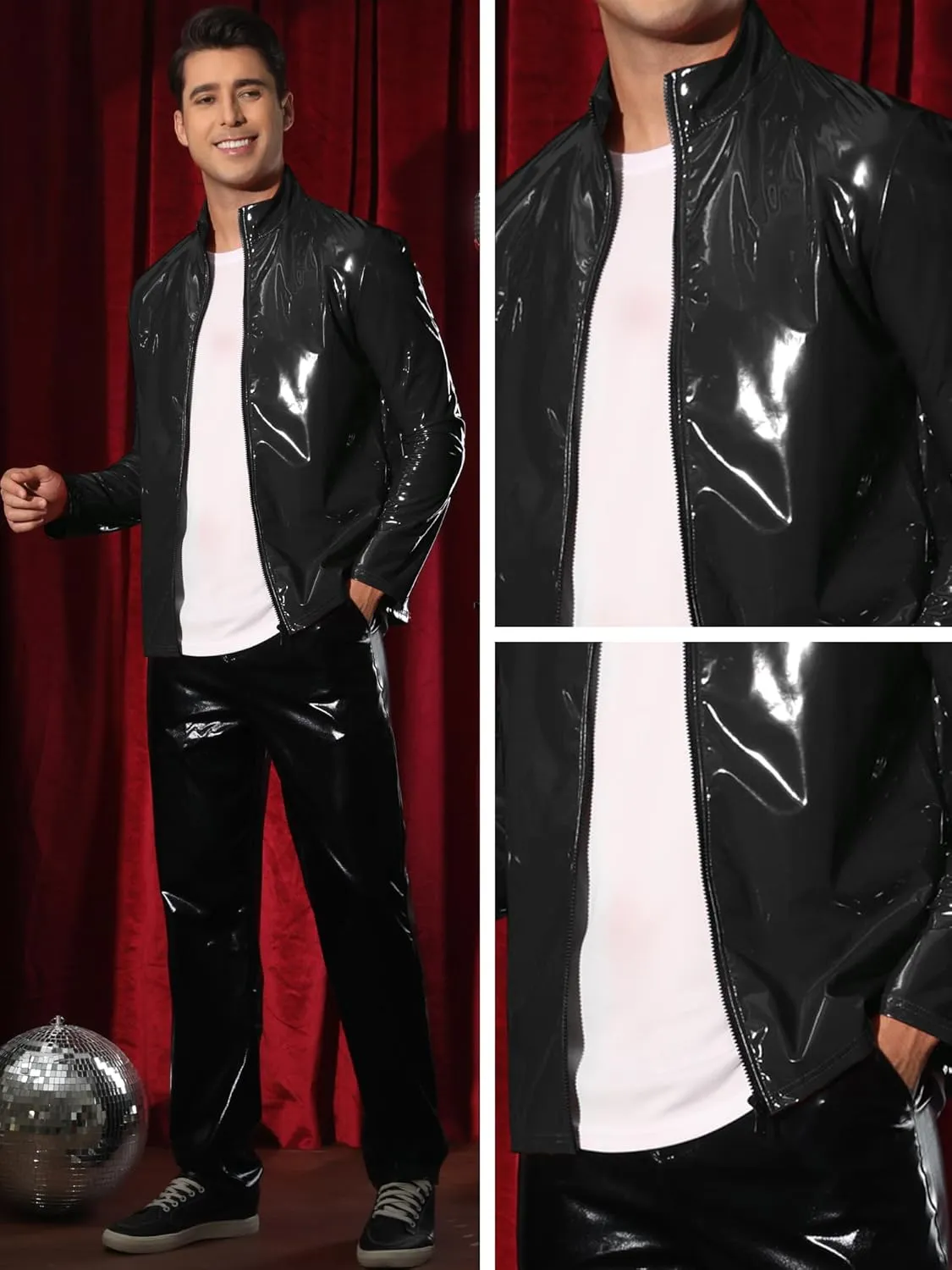 Lars Amadeus Metallic Jackets for Men's Shiny Party Nightclub Zipper Outwear PU Jacket