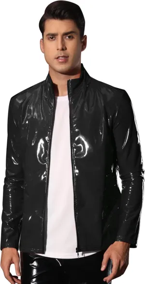 Lars Amadeus Metallic Jackets for Men's Shiny Party Nightclub Zipper Outwear PU Jacket