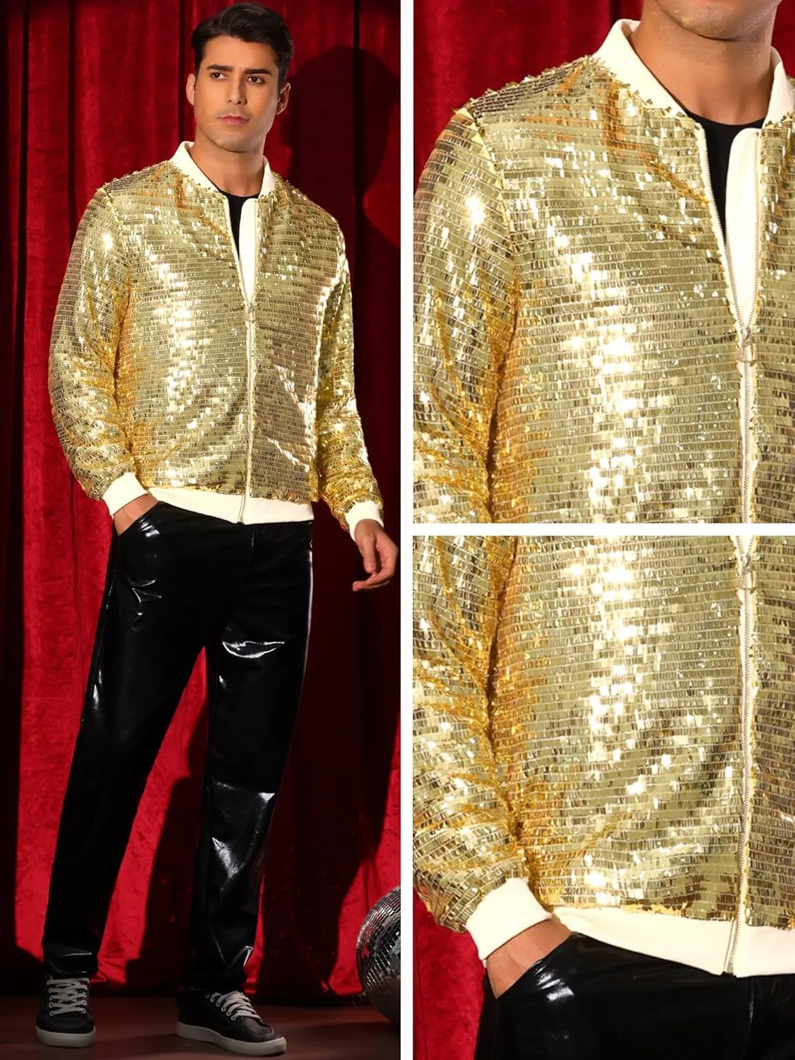 Lars Amadeus Sequin Varsity Jackets for Men's Zipper Festival Disco Sparkly Shiny Baseball Bomber Jacket