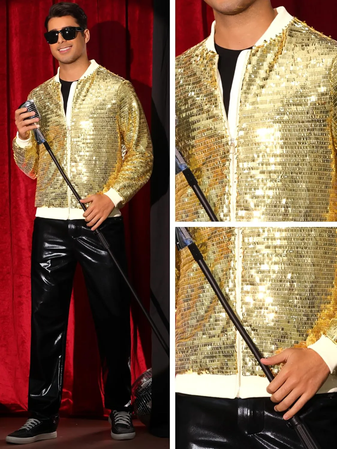 Lars Amadeus Sequin Varsity Jackets for Men's Zipper Festival Disco Sparkly Shiny Baseball Bomber Jacket