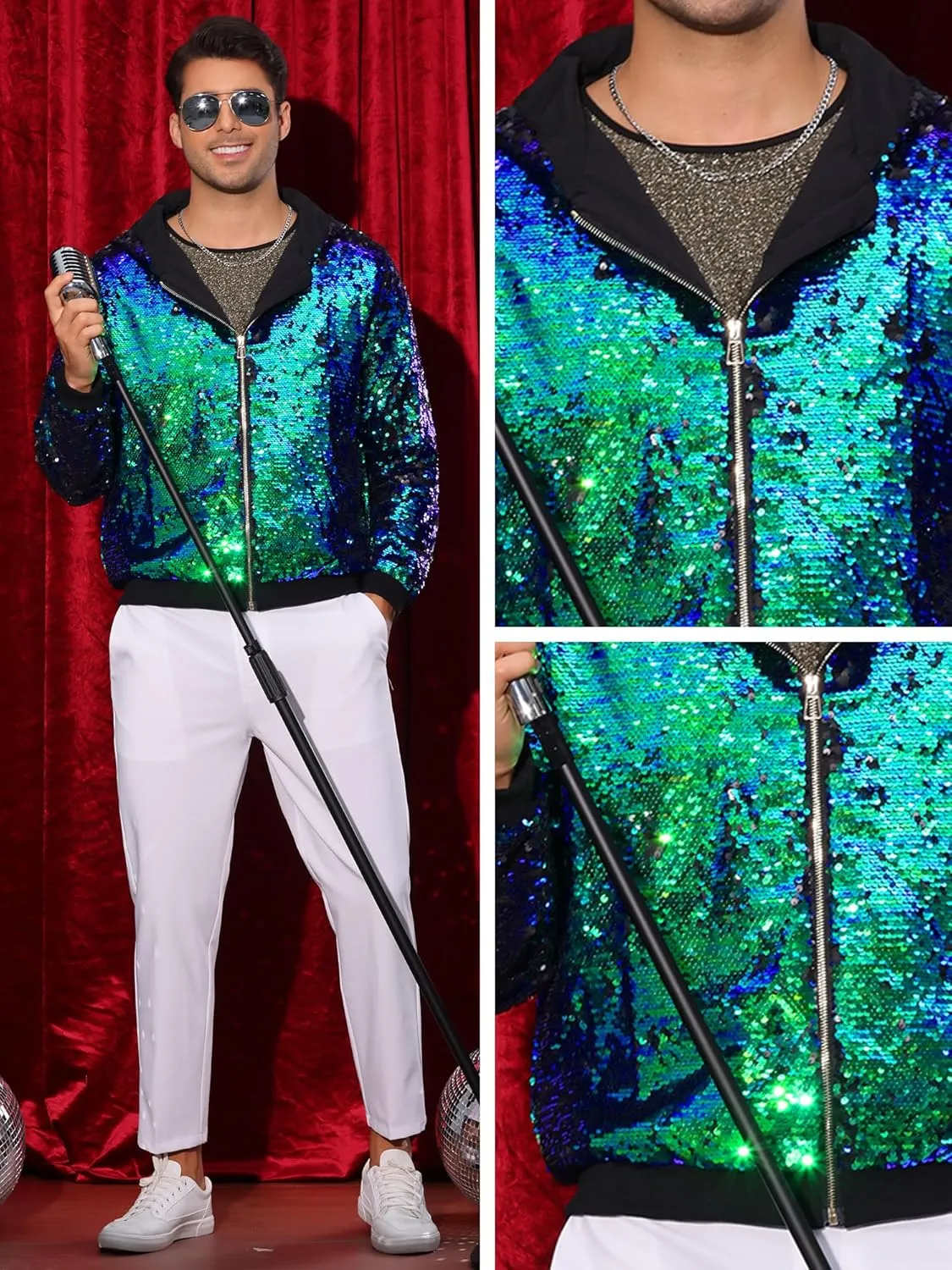 Lars Amadeus Sequins Jacket for Men's Long Sleeves Zip Up Flip-Sequin Sparkle Metallic Hoodie Jackets