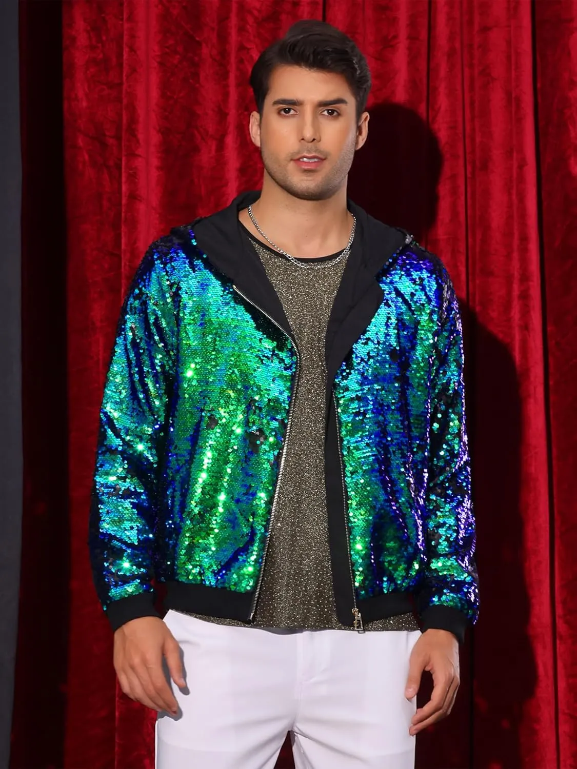 Lars Amadeus Sequins Jacket for Men's Long Sleeves Zip Up Flip-Sequin Sparkle Metallic Hoodie Jackets