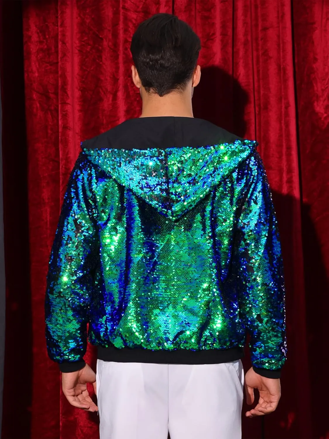 Lars Amadeus Sequins Jacket for Men's Long Sleeves Zip Up Flip-Sequin Sparkle Metallic Hoodie Jackets