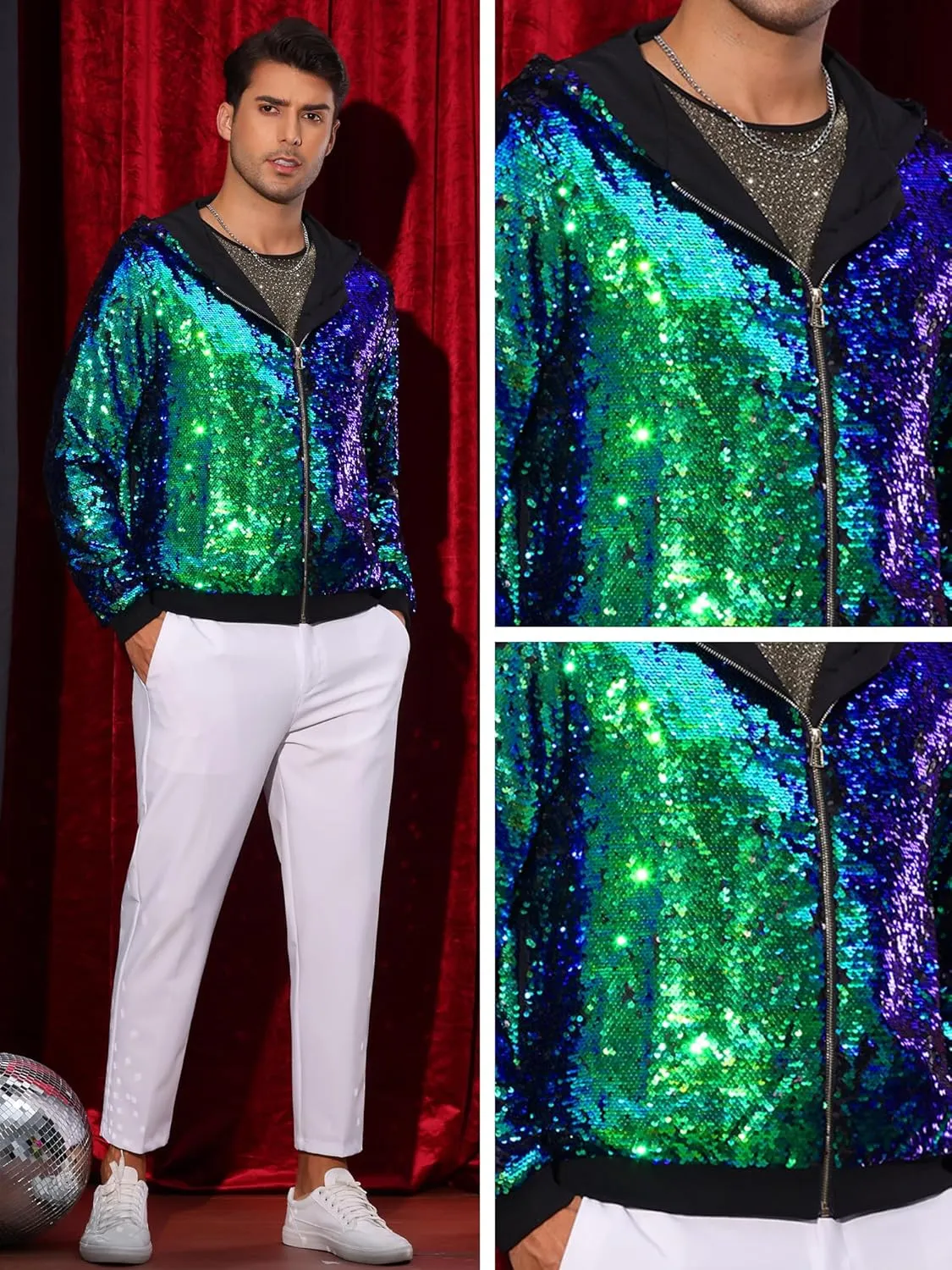 Lars Amadeus Sequins Jacket for Men's Long Sleeves Zip Up Flip-Sequin Sparkle Metallic Hoodie Jackets