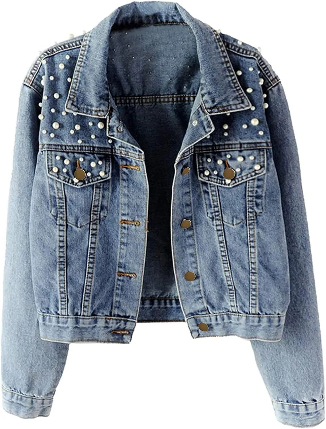 Lazutom Women's Bridal Embroidered Pearls Beading Denim Jackets Jean Coat