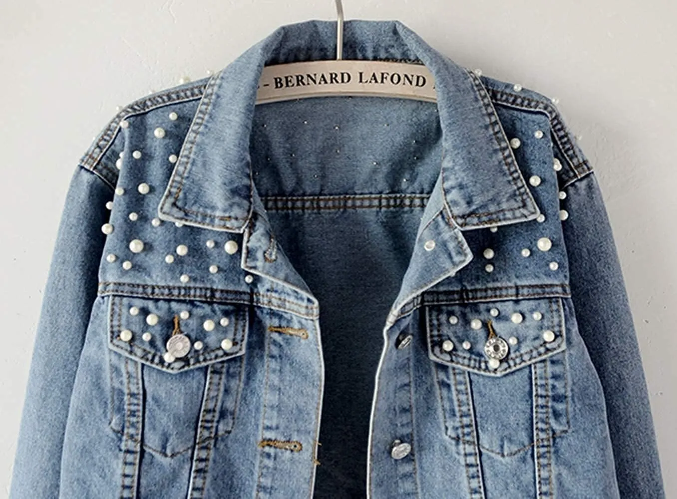 Lazutom Women's Bridal Embroidered Pearls Beading Denim Jackets Jean Coat