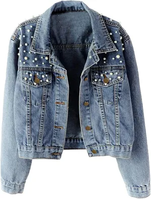 Lazutom Women's Bridal Embroidered Pearls Beading Denim Jackets Jean Coat