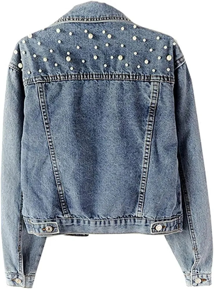 Lazutom Women's Bridal Embroidered Pearls Beading Denim Jackets Jean Coat