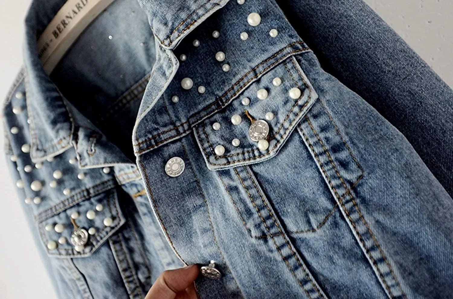 Lazutom Women's Bridal Embroidered Pearls Beading Denim Jackets Jean Coat