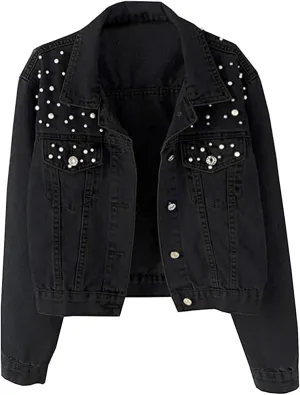 Lazutom Women's Bridal Embroidered Pearls Beading Denim Jackets Jean Coat