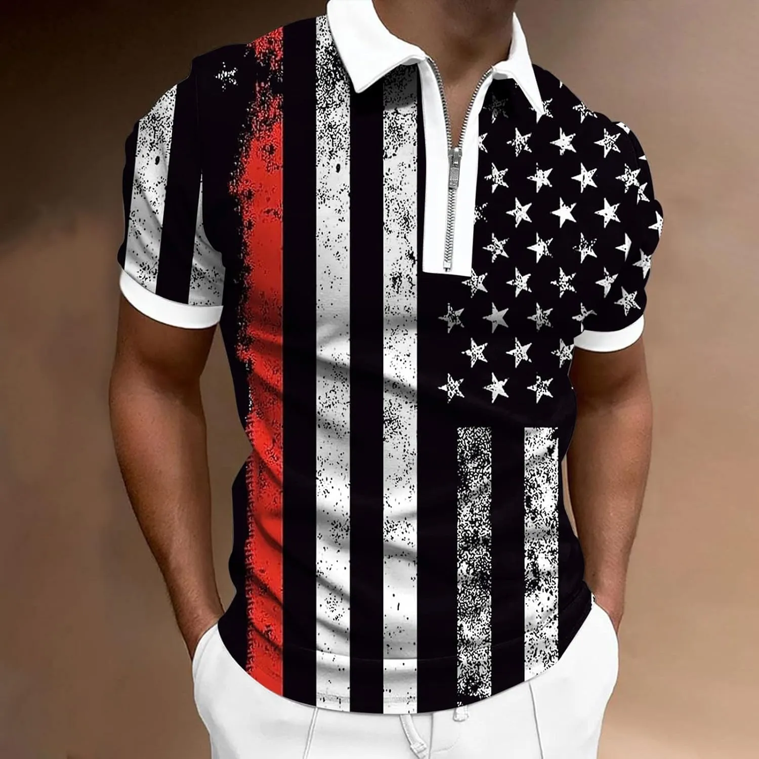 LCMTWX Men's Patriotic Golf Polo Shirt Men Polo Shirts 2024 Seaside Beach Holiday 3D Digital Printing Zipper Short Sleeve