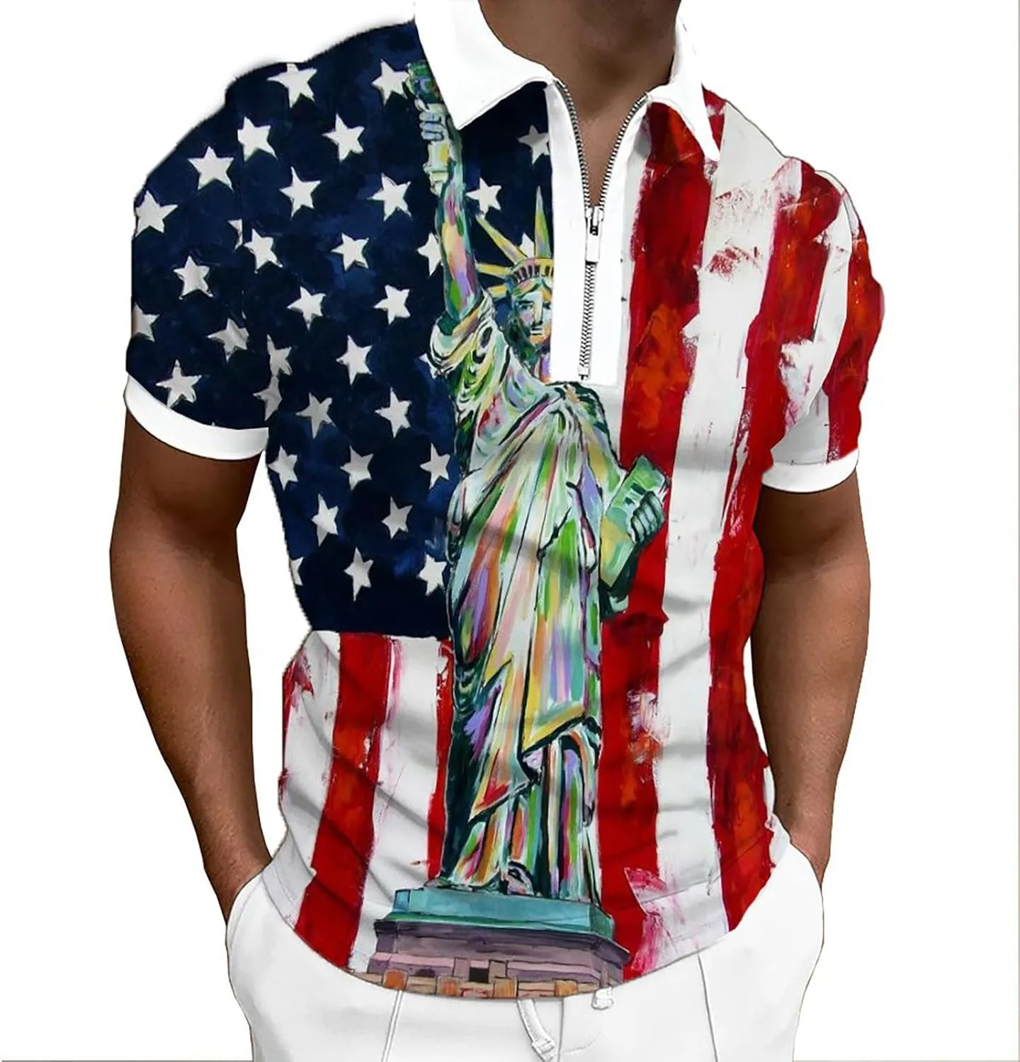 LCMTWX Polo Shirts for Men American Patriotic Flag Shirt Mens Polo Shirt 2024 Short Sleeve 1/4 Zipper Blouse Independence