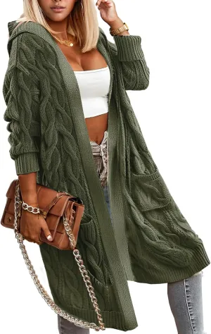 Lightweight Hooded Open Front Cardigan for Women Cable Knit Sweaters Pocketed Oversized Knee Length Long Coats Army Green
