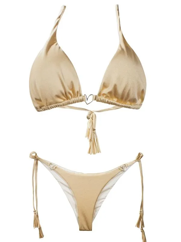 Liliana Montoya Swim Gold Bikini Marinera Shiny Triangle Tops & Tie Side Cheeky Bottom Bikini