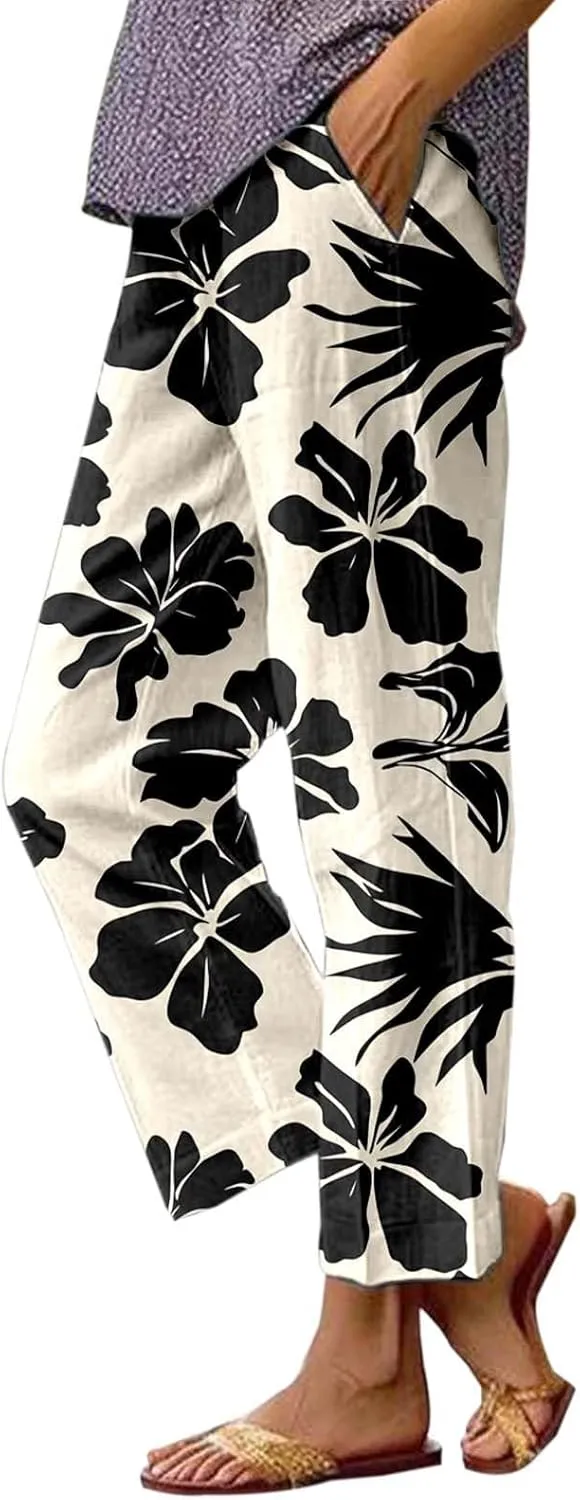 Linen Capri Pants for Women High Waist Floral Straight Leg Lounge Pants Comfy Soft Boho Trousers Casual Resort Wear