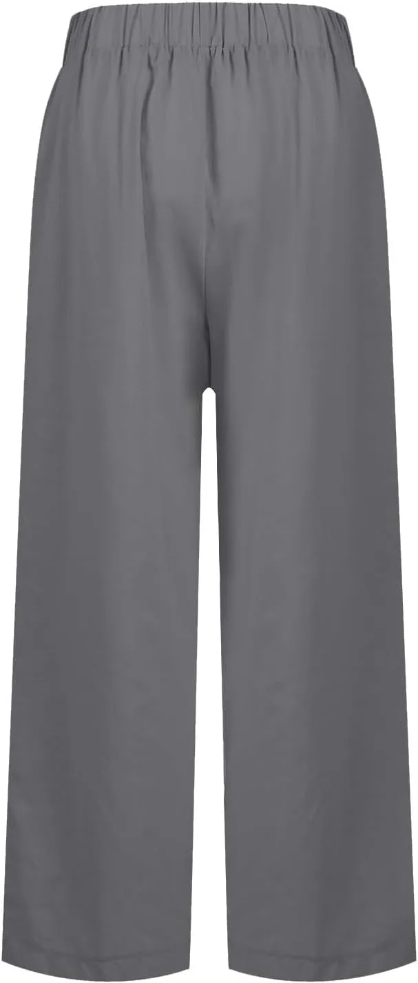 Linen Capri Pants for Women High Waisted Wide Leg Lounge Pant Comfy Soft Trousers Boho Beach Baggy Capris Casual Resort Wear