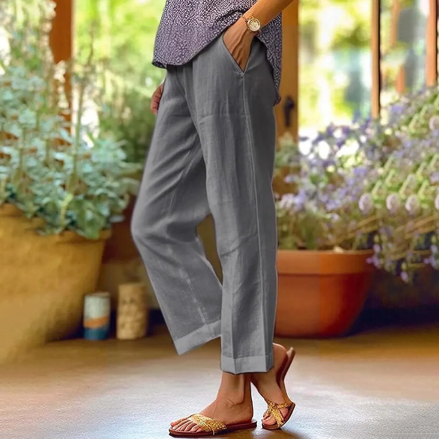 Linen Capri Pants for Women High Waisted Wide Leg Lounge Pant Comfy Soft Trousers Boho Beach Baggy Capris Casual Resort Wear