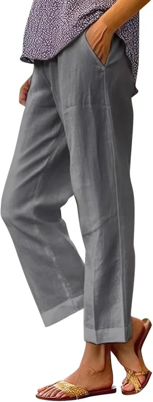 Linen Capri Pants for Women High Waisted Wide Leg Lounge Pant Comfy Soft Trousers Boho Beach Baggy Capris Casual Resort Wear
