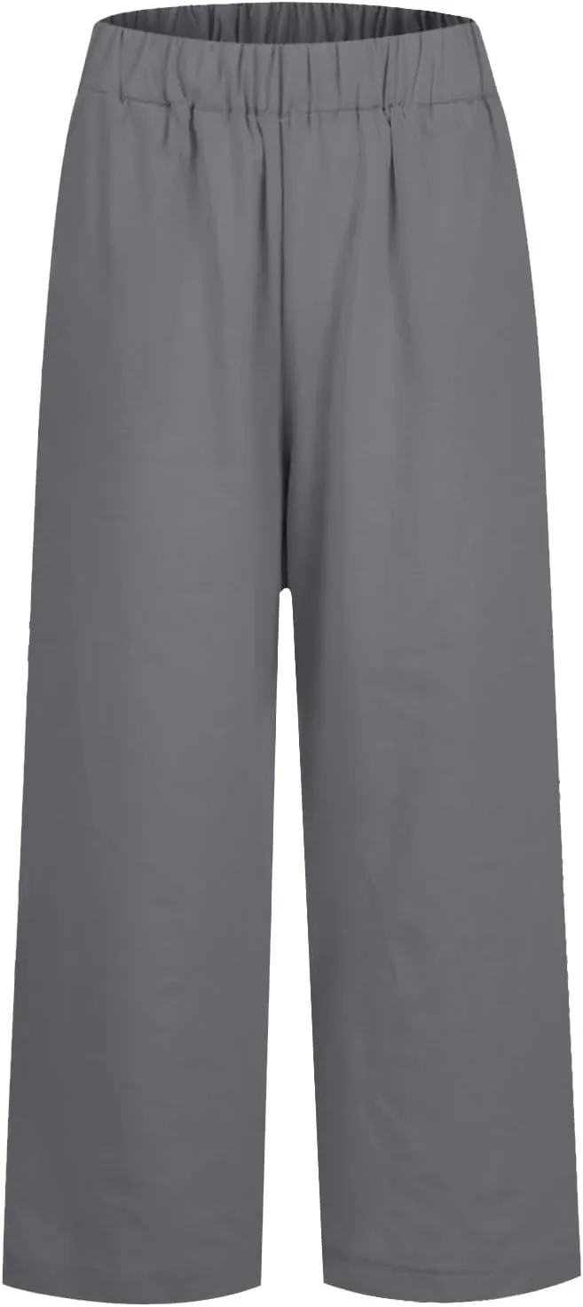 Linen Capri Pants for Women High Waisted Wide Leg Lounge Pant Comfy Soft Trousers Boho Beach Baggy Capris Casual Resort Wear