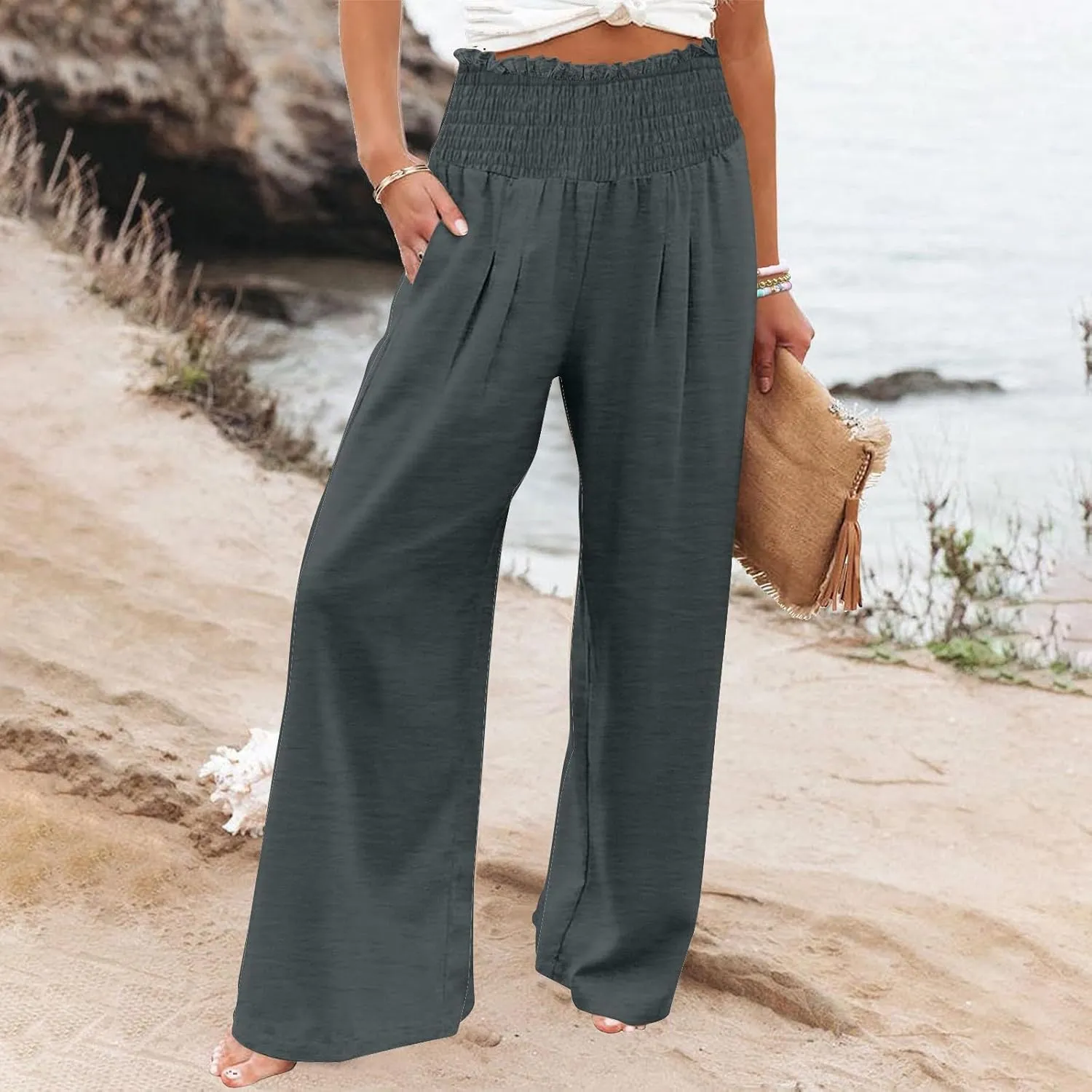 Linen Pants for Women 2025 Summer Casual Loose Wide Leg Palazzo Smocked High Waist Flowy Beach Trousers Resort Wear