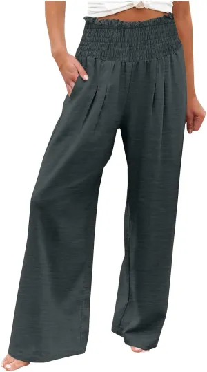 Linen Pants for Women 2025 Summer Casual Loose Wide Leg Palazzo Smocked High Waist Flowy Beach Trousers Resort Wear