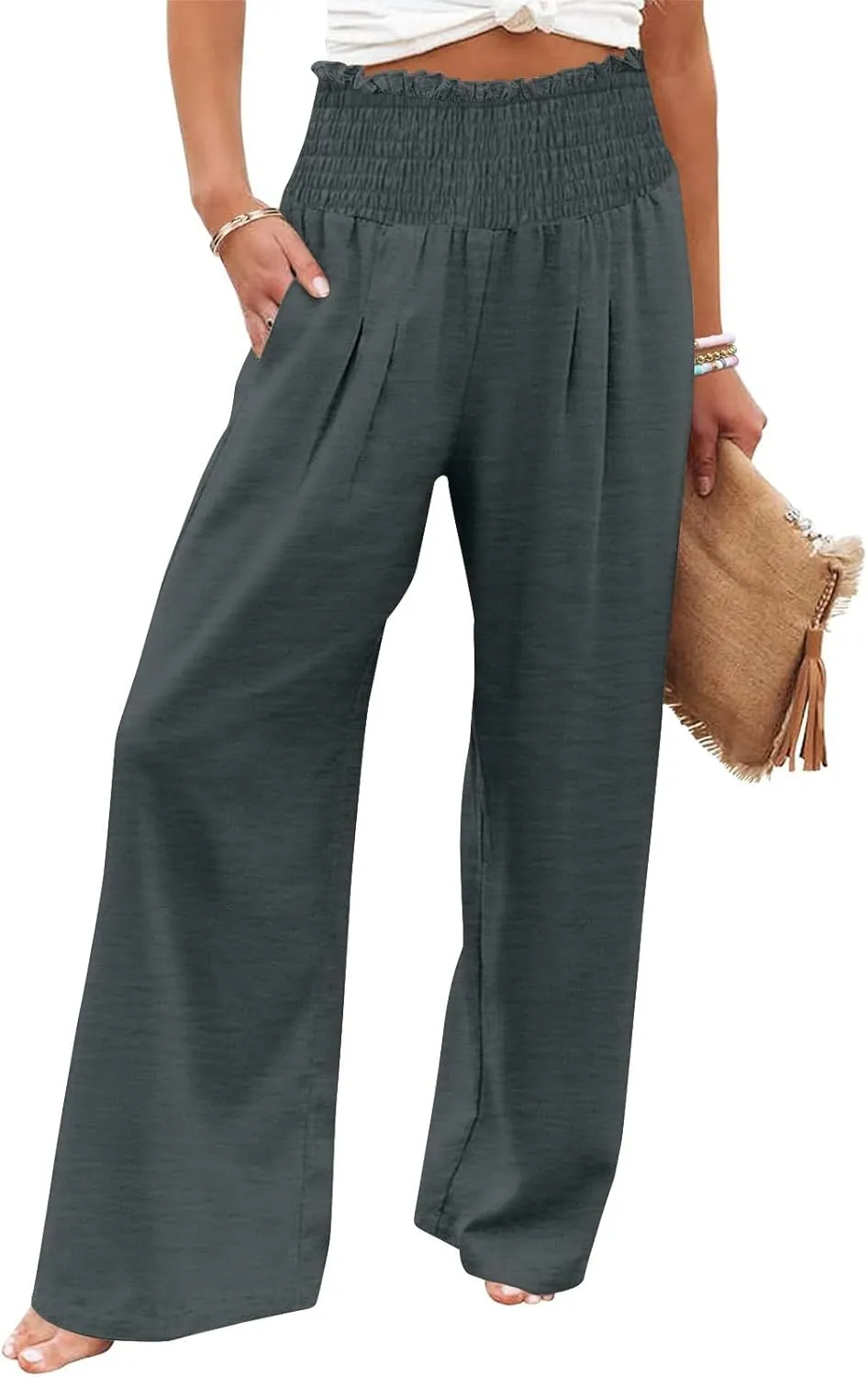 Linen Pants for Women 2025 Summer Casual Loose Wide Leg Palazzo Smocked High Waist Flowy Beach Trousers Resort Wear