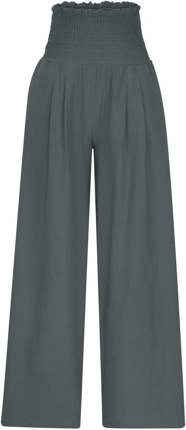 Linen Pants for Women 2025 Summer Casual Loose Wide Leg Palazzo Smocked High Waist Flowy Beach Trousers Resort Wear
