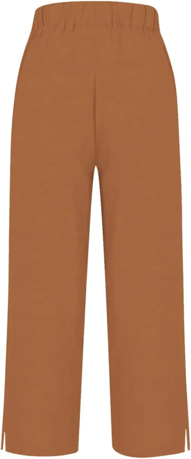 Linen Pants for Women Summer High Waist Straight Leg Lounge Cropped Slacks Soft Side Slits Ankle Trouser with Pocket