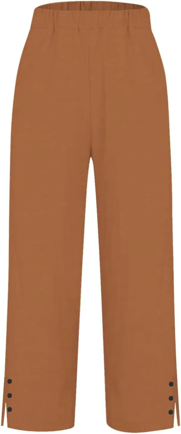 Linen Pants for Women Summer High Waist Straight Leg Lounge Cropped Slacks Soft Side Slits Ankle Trouser with Pocket