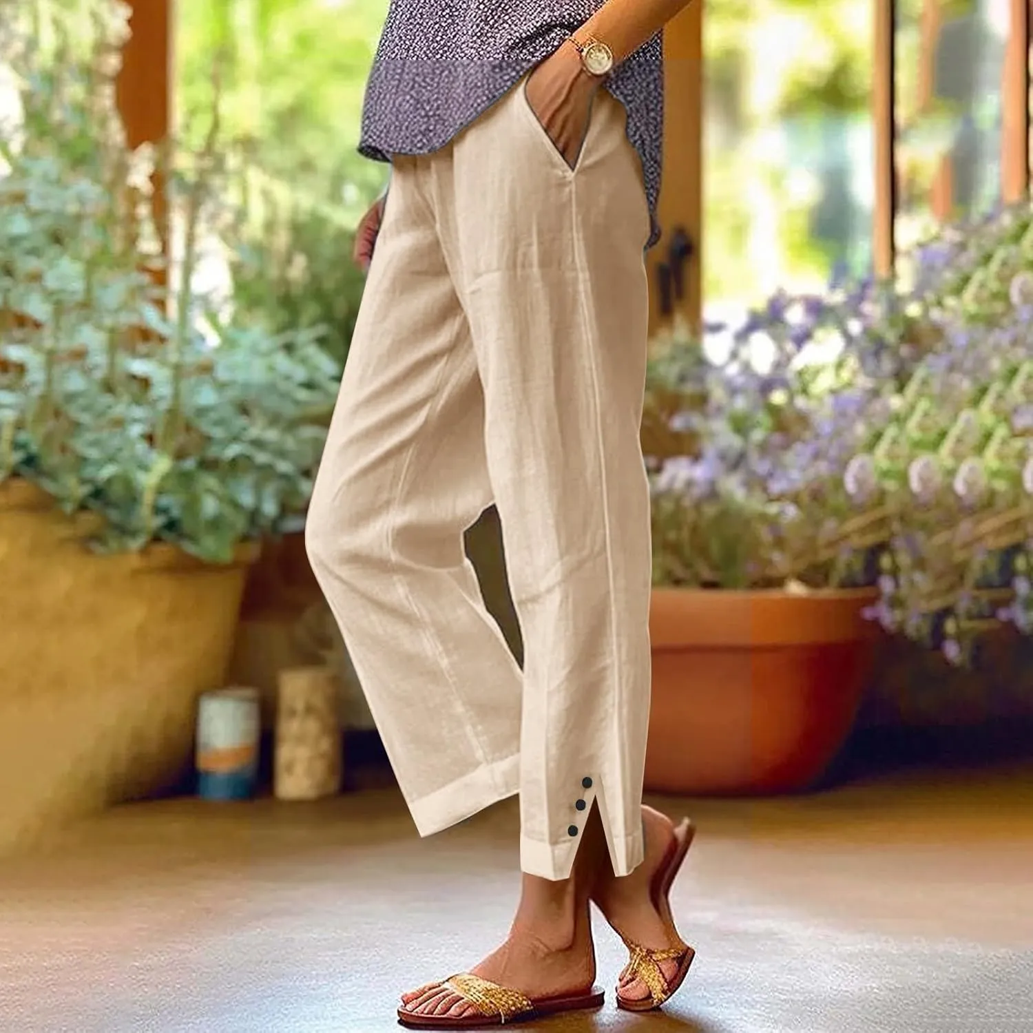 Linen Pants for Women Summer High Waist Straight Leg Lounge Cropped Slacks Soft Side Slits Ankle Trouser with Pocket