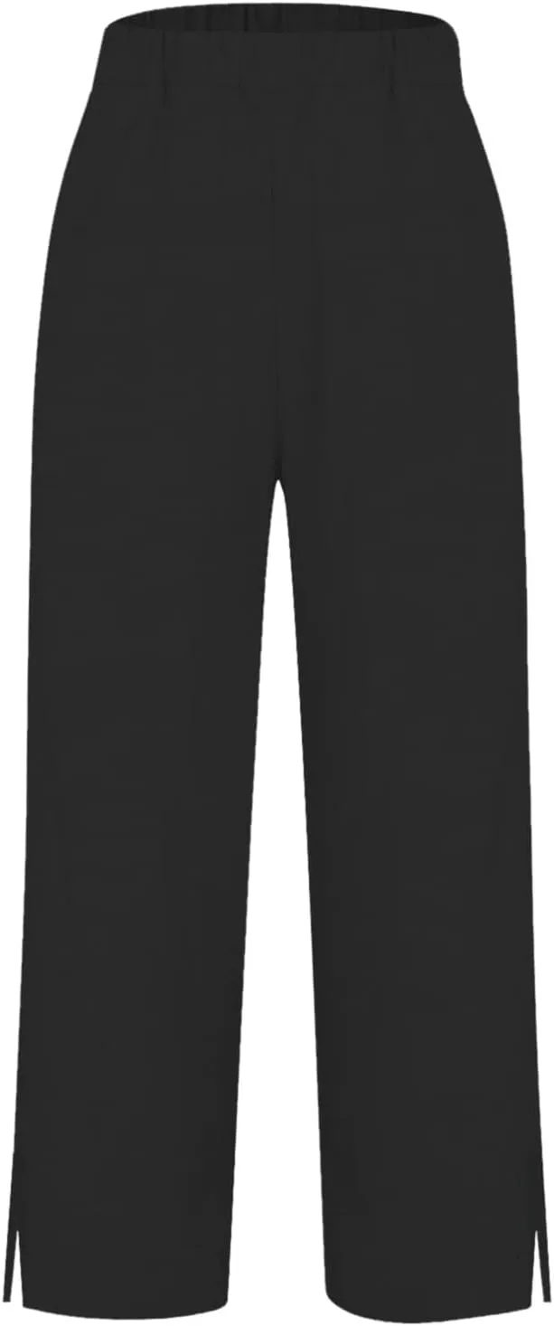 Linen Pants for Women Summer High Waist Straight Leg Lounge Cropped Slacks Soft Side Slits Ankle Trouser with Pocket