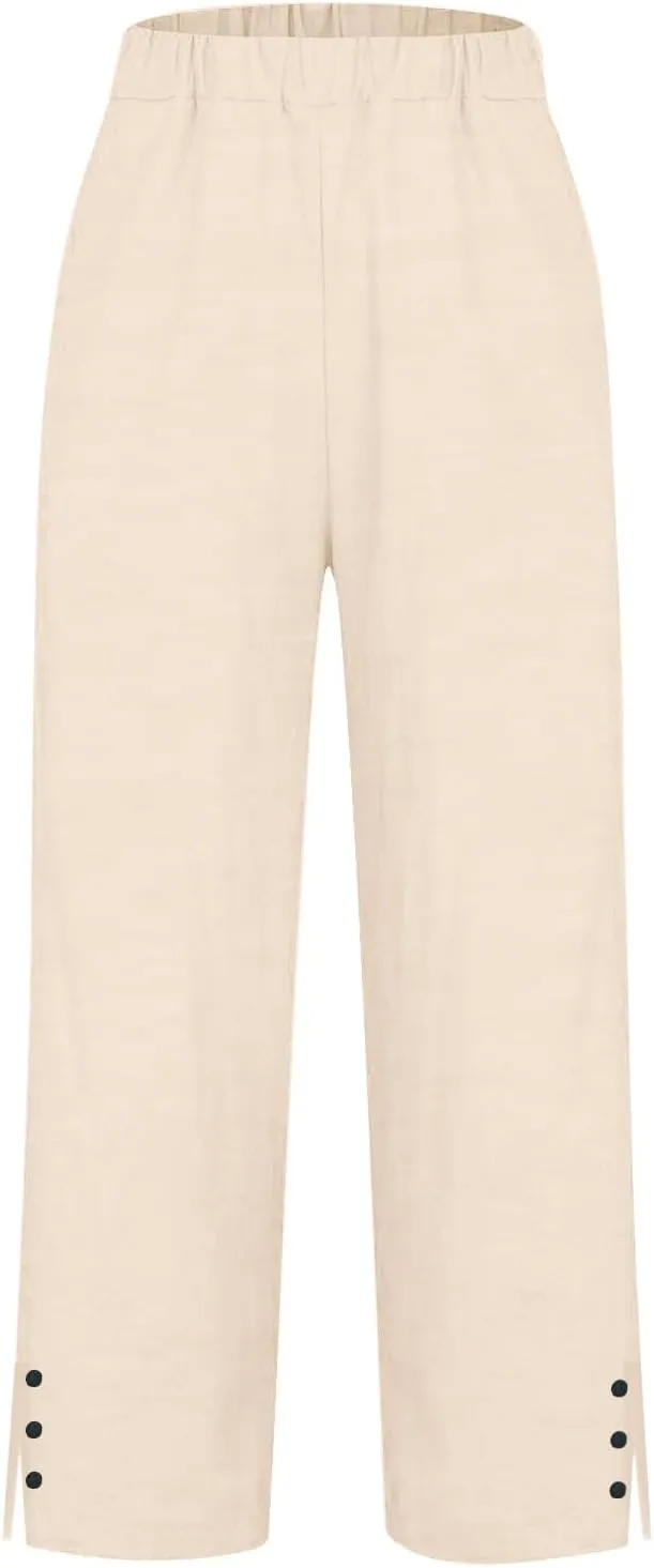 Linen Pants for Women Summer High Waist Straight Leg Lounge Cropped Slacks Soft Side Slits Ankle Trouser with Pocket