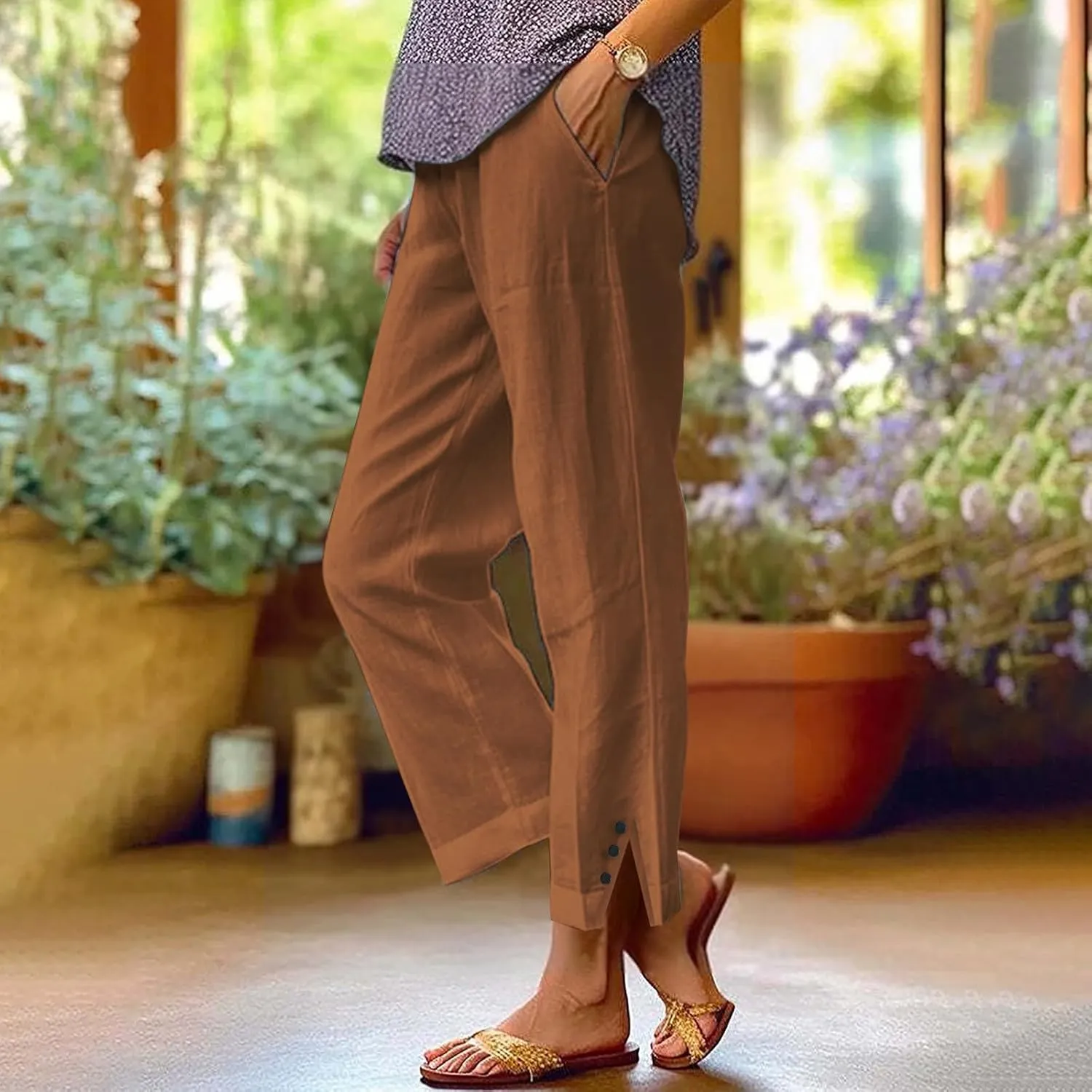 Linen Pants for Women Summer High Waist Straight Leg Lounge Cropped Slacks Soft Side Slits Ankle Trouser with Pocket