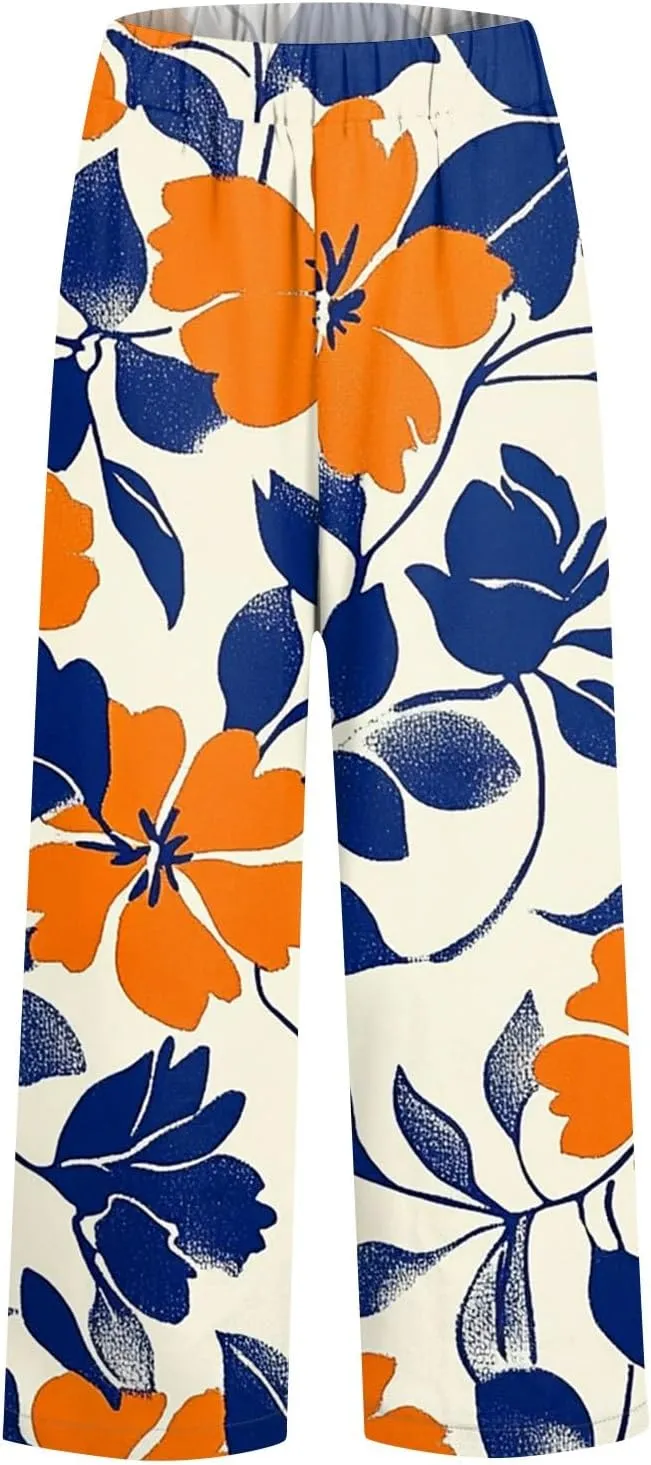Linen Tall Pants for Women Summer Loose Fit Elastic Waist Wide Leg Pants Soft High Waist Straight Floral Print Outfits