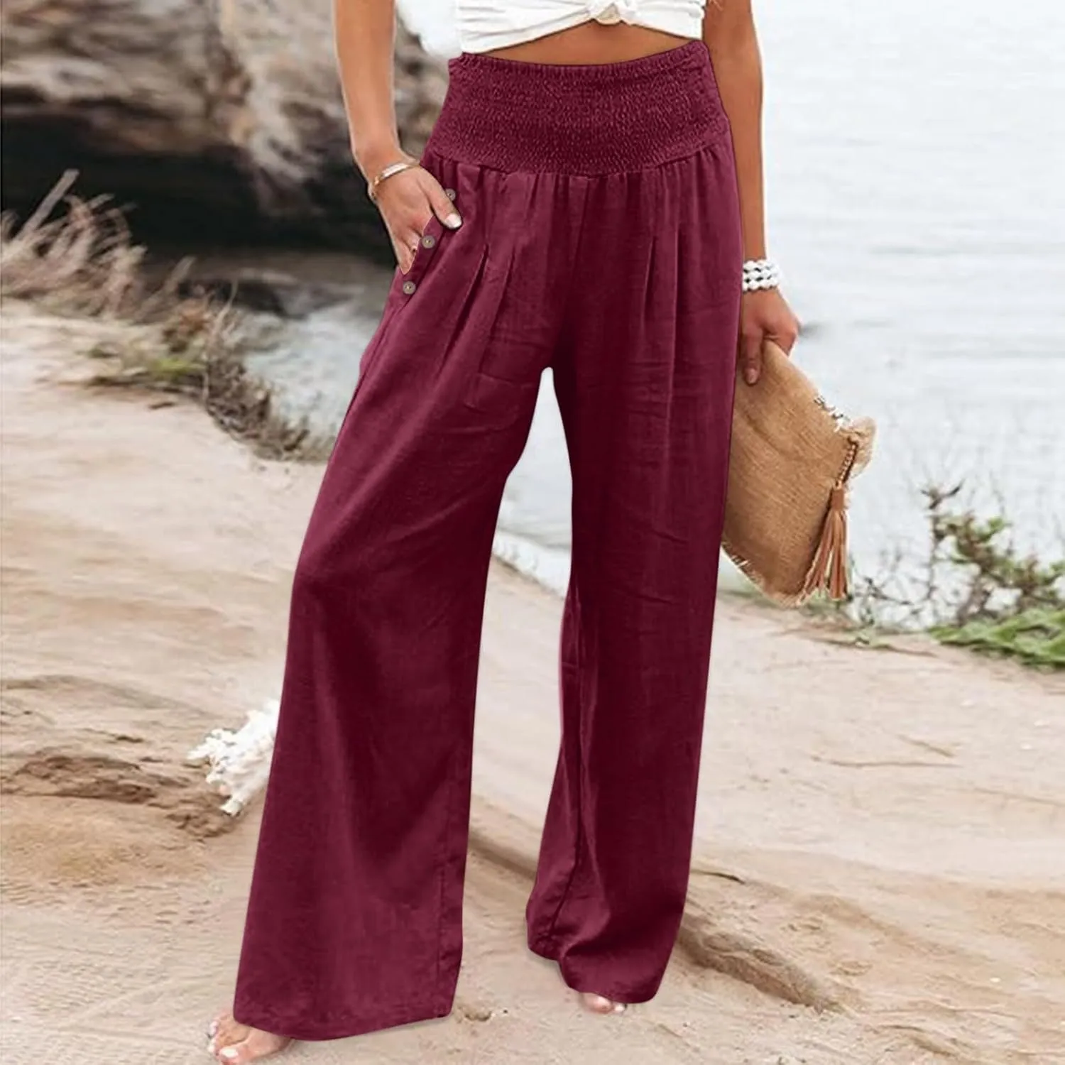 Linen Wide Leg Pants Women Summer Casual Drawstring Elastic High Waist Trousers Resort Wear Beach Trendy Palazzo Pant