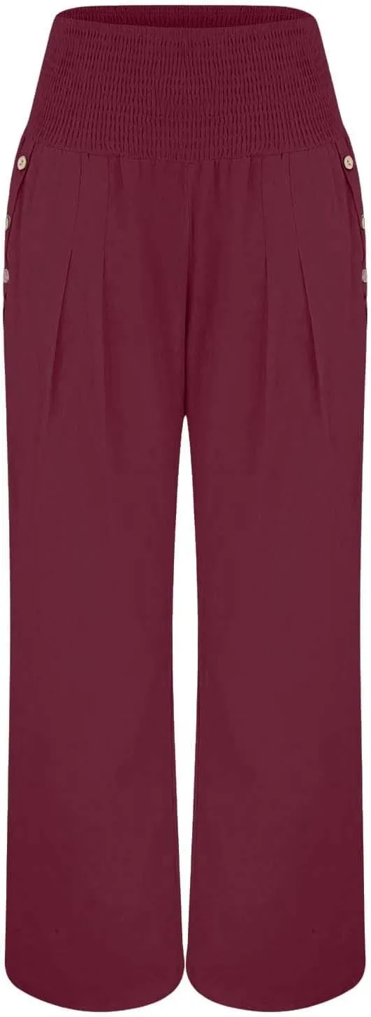 Linen Wide Leg Pants Women Summer Casual Drawstring Elastic High Waist Trousers Resort Wear Beach Trendy Palazzo Pant