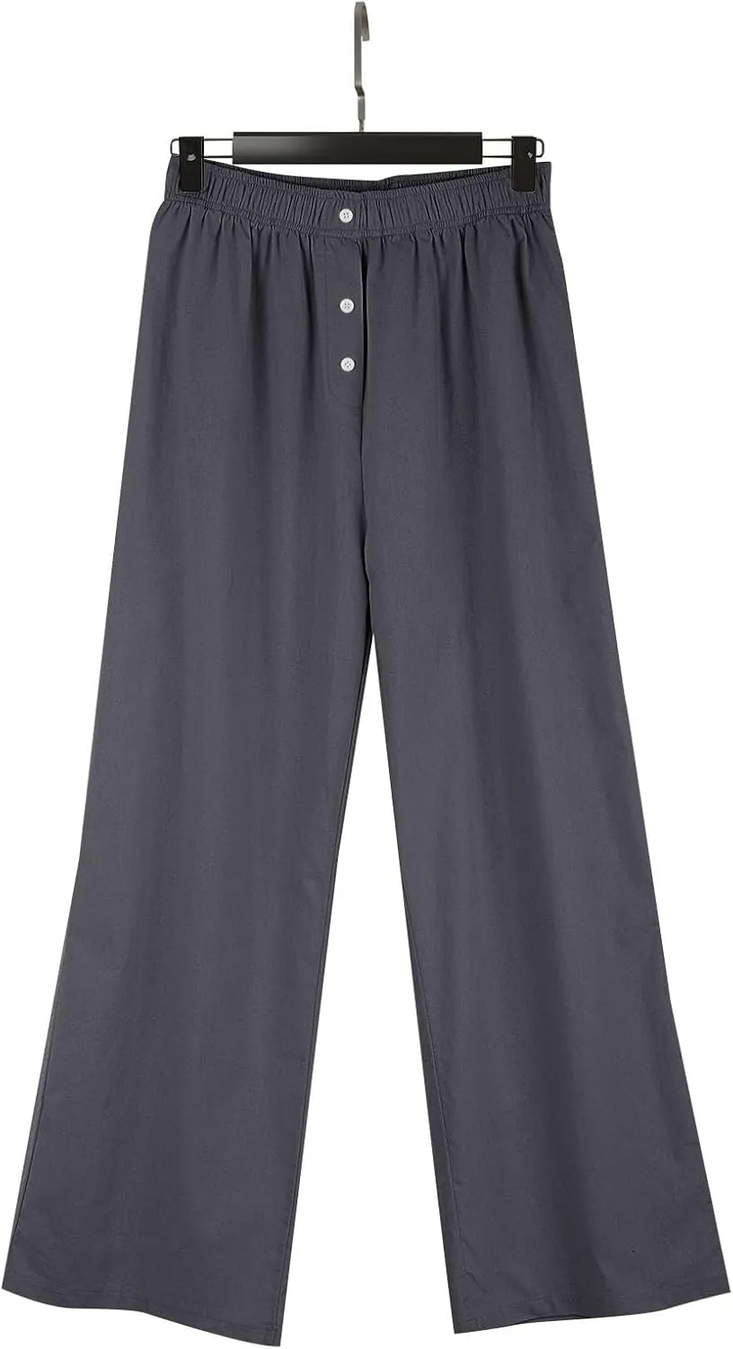 Linen Wide Leg Pants Women Summer Casual Drawstring Elastic High Waist Trousers Resort Wear Beach Trendy Palazzo Pant