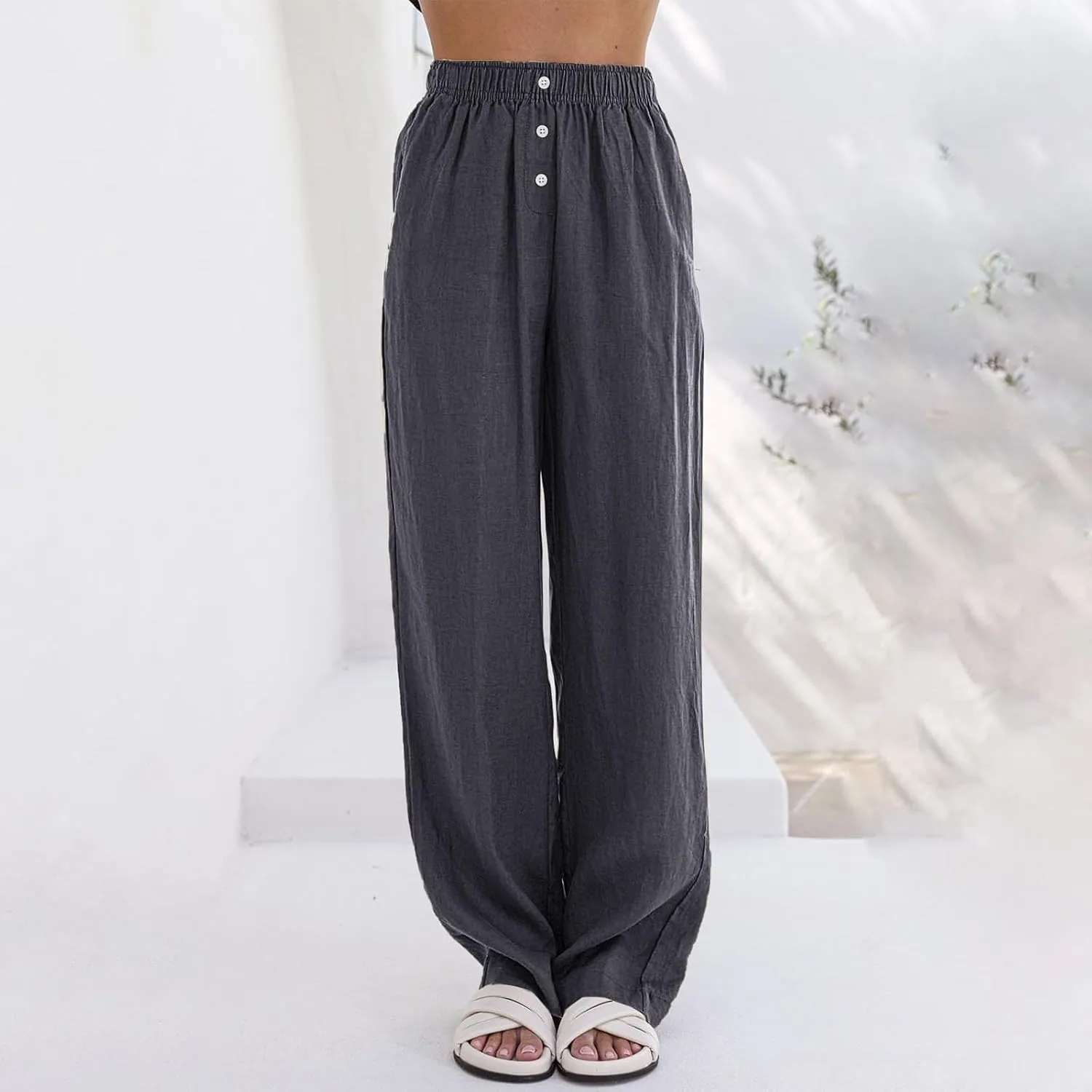 Linen Wide Leg Pants Women Summer Casual Drawstring Elastic High Waist Trousers Resort Wear Beach Trendy Palazzo Pant